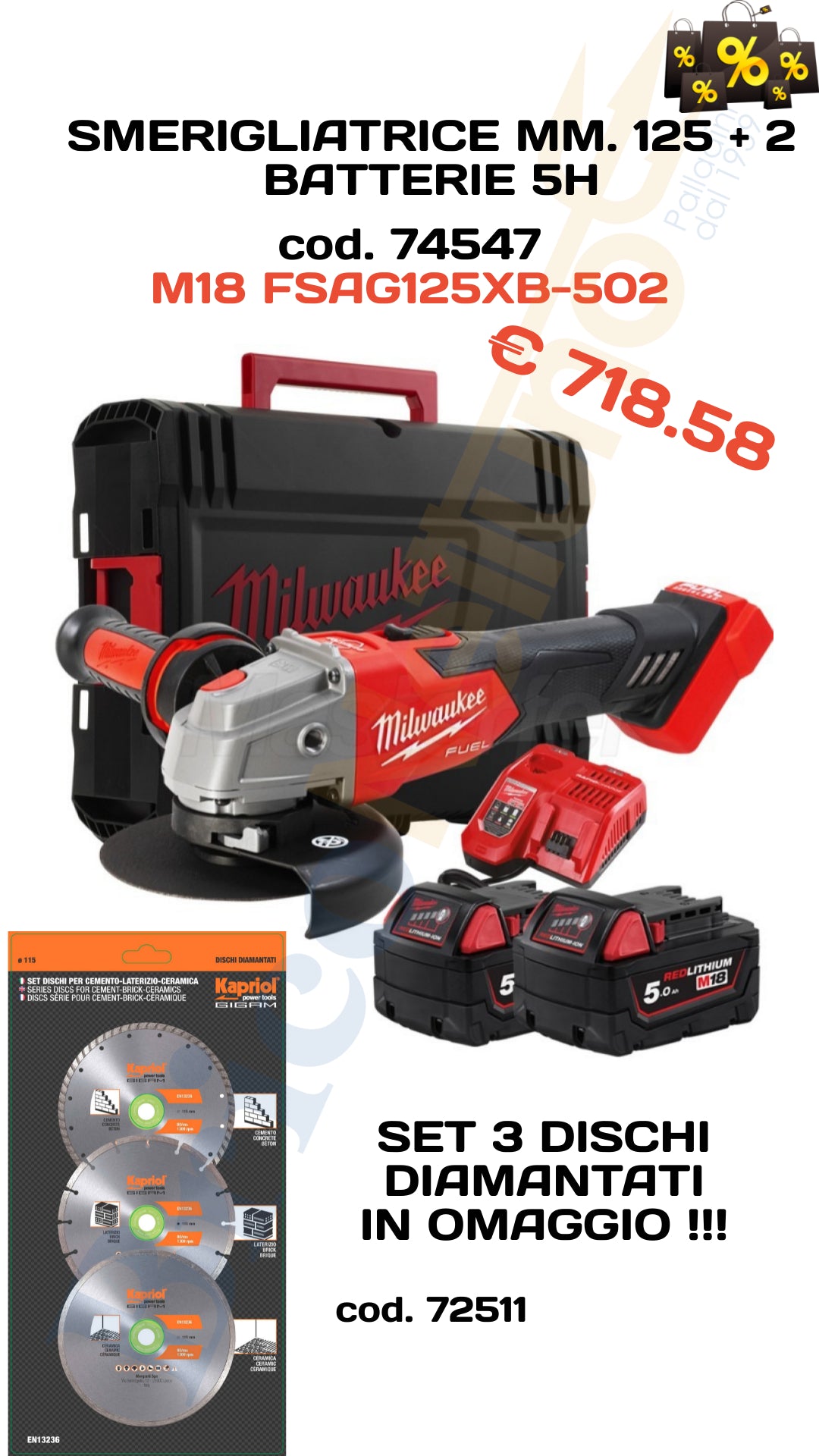 SMERIGLIATRICE 18V MM.125 M18 FSAG125XB-502X 2 BATT.DA 5AH MILWAUKEE